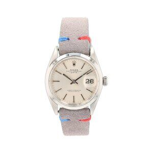 Rolex Date 1500 34mm Silver Index Dial Smooth Bezel Grey Band